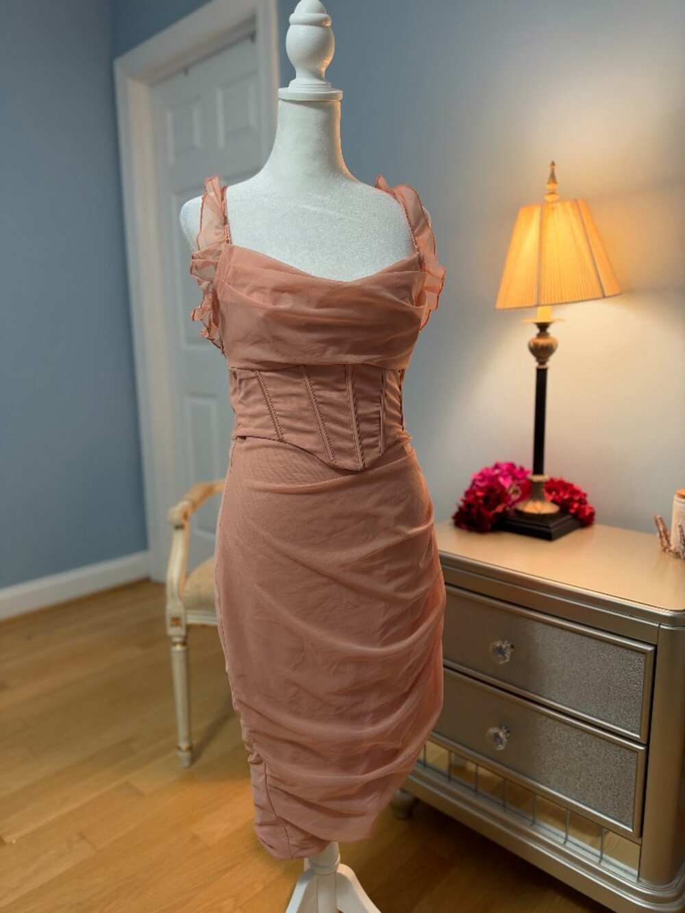 Oh Polly Pink Mesh Ruched Corset Cowl Neck Mini Dress US 8